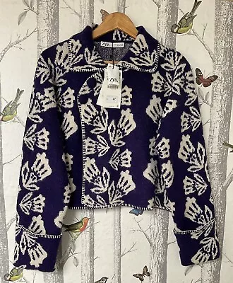 Zara Blue Floral Printed Wool Blend Jacquard Knit Cardigan Top Jacket Size L 12 • £29.99