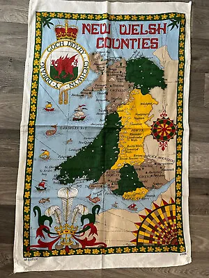 Vintage Tea Towel New Welsh Counties Cotton Kitchen Retro Map Wales Colourful • £3.50