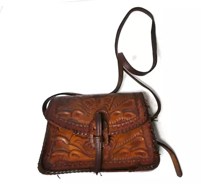 Hand Tooled Vintage Leather Handbag Whip Stitched Purse ZZ29 • $9.99