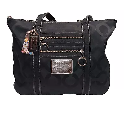Coach 13826 Poppy Op Art Glam Signature Tote Bag Purse Black On Black EUC • $59.97
