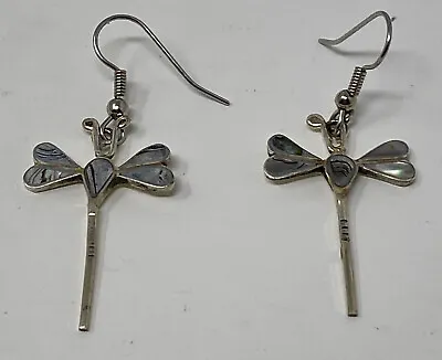 Vintage Sterling Silver Dragonfly Earrings Mother Of Pearl Wings Dangle Drop • $11.96