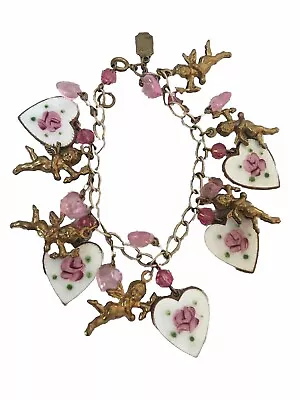 Vintage Pididdly Links Charm Bracelet Victorian Style Cupid Brass Hearts Floral • $44