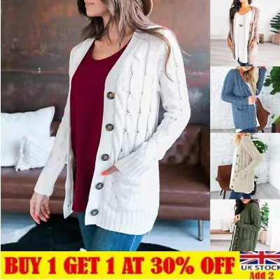 £13.85 • Buy Womens Ladies Chunky Cable Knit Cardigan Button Long Sleeves Grandad Plus Size/