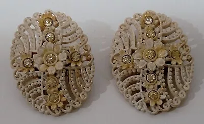 Vintage Clip On Earrings ~Intricate Floral Arrangement ~Rhinestones~ Art Deco • $9.95