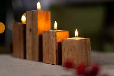 Wooden Tealight Candle Holders Home Decor Mango Wood 4 Pillar Centrepiece Xmas • £11.49