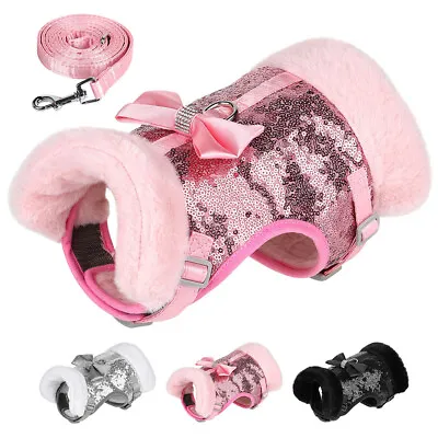 £14.39 • Buy Bling Sequins Dog Cat Vest Harness And Lead With Bow Warm Fleece Pet Winter Coat