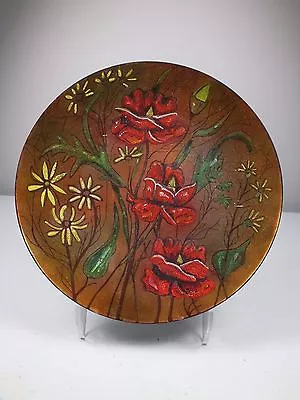 Large Vintage Enamel On Copper Plate ~Raised Yellow Daisies Foilage & Red Roses • $20.03