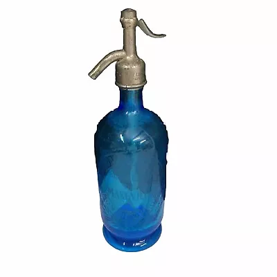 Vintage Blue Etched Paris Logo Glass Seltzer Bottle Made In Czechoslovakia • $99