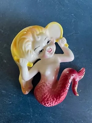 Vintage Bradley Ceramic Mermaid Plaque Blonde Holding Mirror Pink Wall Pocket • $175