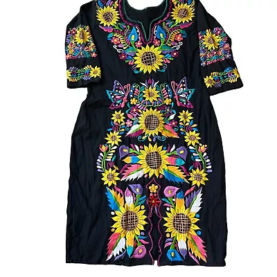 Mexican Sunflower Dress Size M Black Embroidered Midi • $63.75