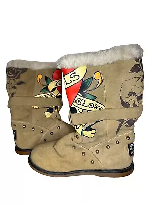 Ed Hardy Taupe Suede Moccasin Mid-Calf Tan Suede Boots Size US 7 • $69.99