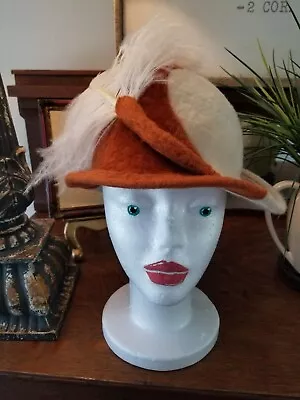 Vtg Mr John Jr Rust/Ivory Fur Hat Feather Church Theatre Equestrian Derby Hat • $37