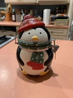 Penguin Snowman Ceramic Holiday Cookie Jar W/Hinged Lid (Circa 2015) • $15