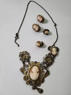 Vintage Carved Cameo Jewelry Lot Of 2 Pair Earrings BROKEN Necklace • $60