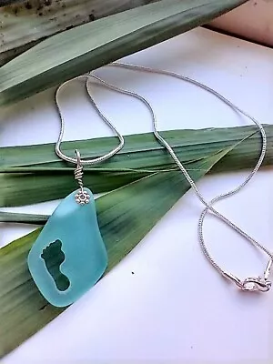 Hand Carved Footprint Blue Sea Glass Pendant Silver Necklace 18  • $13.99