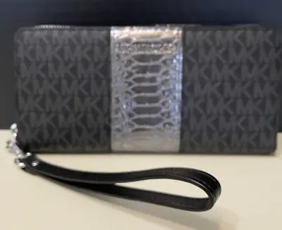 Michael Kors Money Pieces Zip Around Continental Wallet BLACK PEWTER Logo Snake • $99.99