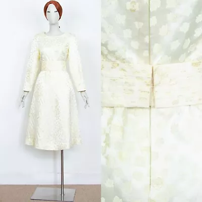 Vintage 50s Light Yellow Floral Satin Midi Dress Fit & Flare Long Sleeves Size M • £70