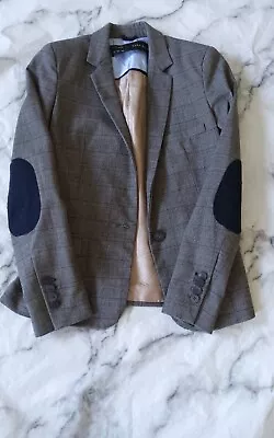 Zara Grey  Checked Viscose Blazer Jacket With Navy Elbow Patches Xs • £16