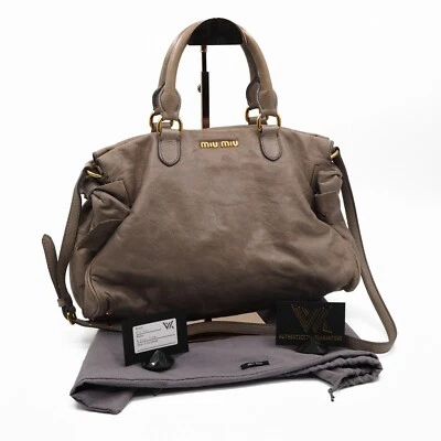 $407.17 • Buy Miu Vitello Lux Gray/Gold Luxury Leather Bow Satchel Tote Bag Np