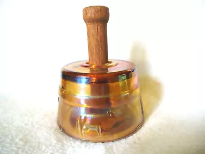 Vintage Carnival Glass Butter Mold Press Wood Handle Iridescent Amber Cow Stamp • $46