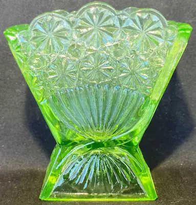 Green Vaseline Glass Daisy & Button Pattern Flower Rose Fan Vase Uranium / Glows • $45