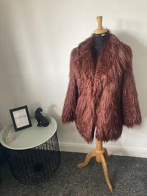£70 • Buy BNWT River Island Faux Fur Shaggy Long Coat Size 14 Brown LUXURY 70s Coat