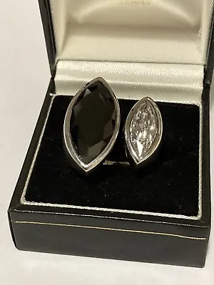 Large Very Heavy (15g) Sterling Silver Black Spinel & CZ Modernist Ring. Size Q. • £35.95