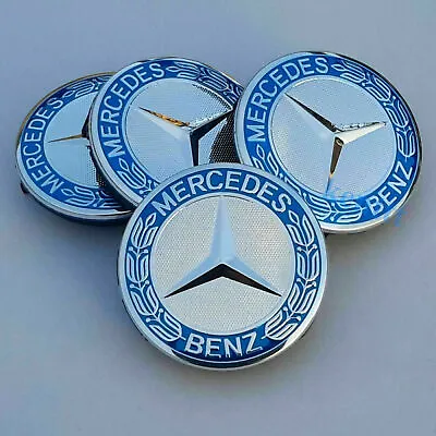 $19.99 • Buy 4x Mercedes Benz Alloy Wheel Centre Caps 75mm Badges Blue Hub Emblem