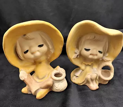 Pair Of Very Vintage 60s UCTCI Japan Bisque Pottery Figurines Big Hat Bud Vases • $22