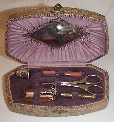 Antique Travel Sewing Kit Solingen Scissors/Thumble/Brass Needle Case • $29.99