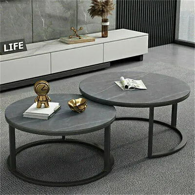 2x Modern Round Nesting Coffee Table Marble Side Table High Low Workstation Desk • £139.94