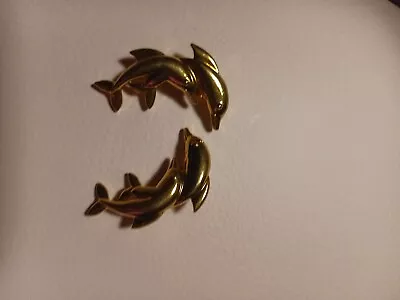 Vintage Dolphin Clip On Earrings Jumping Dolphins Large Gold Tone Clip On  • $0.01