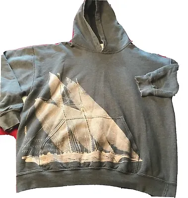 Marushka Gray White SAILBOAT Sweatshirt PRINT Hooded PULLOVER COTTON Hoodie Mens • $45