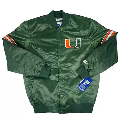 Starter Miami Hurricanes UM Satin Jacket Vintage Green Stitched Sweater Sz L • $75