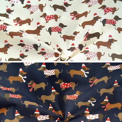 Polycotton Fabric Christmas Dachshunds In Jumpers Dogs Xmas Festive • £2.70