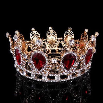 6cm Tall Ruby Red Sparkling Crystal Gold Queen Crown Wedding Prom Party Princess • £19.79