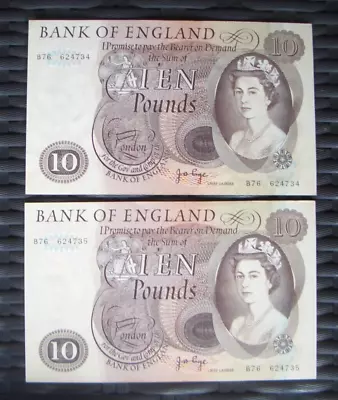 2 X Consecutive J.B. PAGE £10 Ten Pound CRISP UNCIRCULATED Banknotes. 1971. B76 • £31