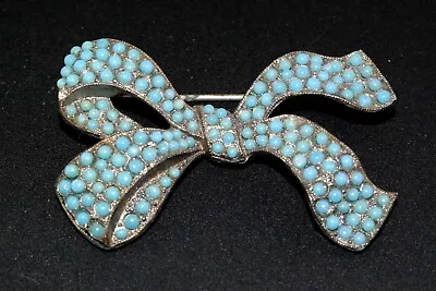 Vtg Turquoise Bead Silver Tone Bow Ribbon Pin  • $20