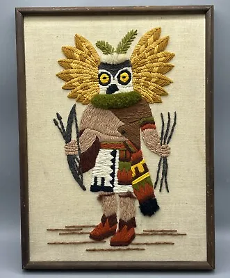 VTG Native American Hopi Horned Owl Kachina Framed Needlepoint Crewel Embroidery • $34.95