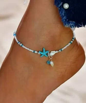 Starfish Beaded Anklet Adjustable Summer Beach Foot Jewelry • £4.75