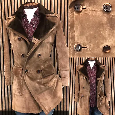 Vtg Genuine Suede Leather Faux Fur Shearling Long Coat 40 R Medium Tan Brown Men • $178.95