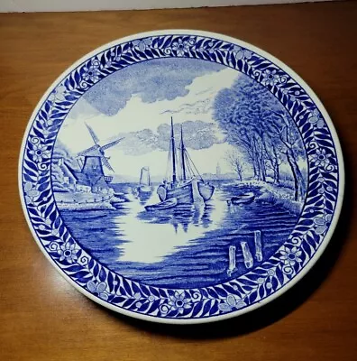 Vintage Boch Belgium Delfts Blue And White Windmill And Ship 11 3/8  Plate • $26.99