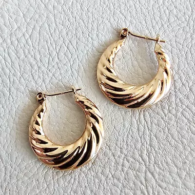 Vintage 14k Gold Puffy Twist Swirl Hoop Earrings For Pierced Ears - Shiny! • $75