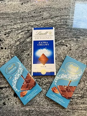 3 Lindt Chocolate Bar Extra Fine Creamy Milk 100g Lindor Salted Caramel 100g New • £7.95