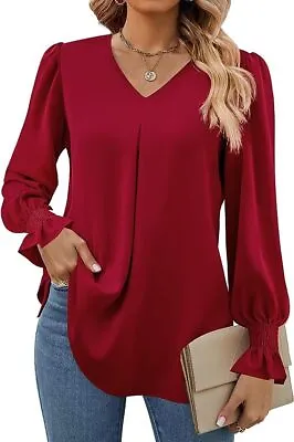 Womens V Neck Plain T Shirt Blouse Ladies Long Sleeve Casual Loose Pullover Tops • £11.39