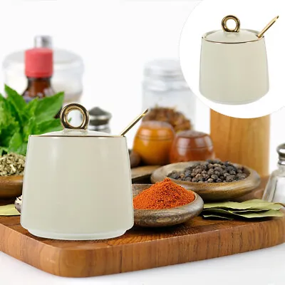 1 Set Ceramic Sugar Jar With Lid And Spoon Porcelain Salt Container For Kitchen • £19.35