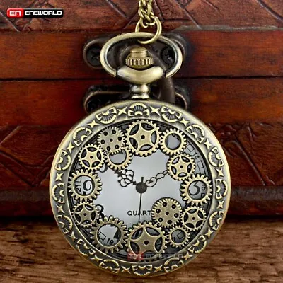 Antique Steampunk Gears Pocket Watch Quartz Vintage Necklace Chain Pendant Gift • $4.99