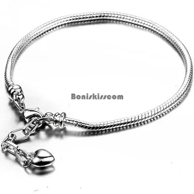 Women Silver Tone Snake Chain Bracelet Heart Charm Lobster Clasp European Bangle • $9.99