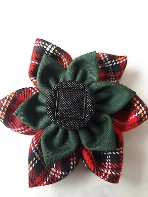 Handcrafted Red Tartan Brooch With Green Inner Flower. Black Button. 8cm  • £5.99