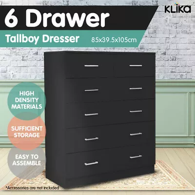 $259 • Buy New Tallboy Dresser 6 Chest Of Drawers Table Cabinet Bedroom Storage Black